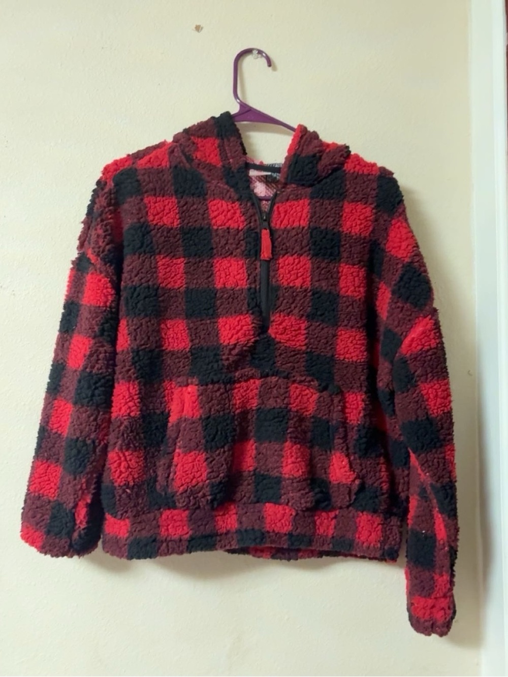 Women’s Red & Black Buffalo Plaid Sherpa Hoodie Jacket